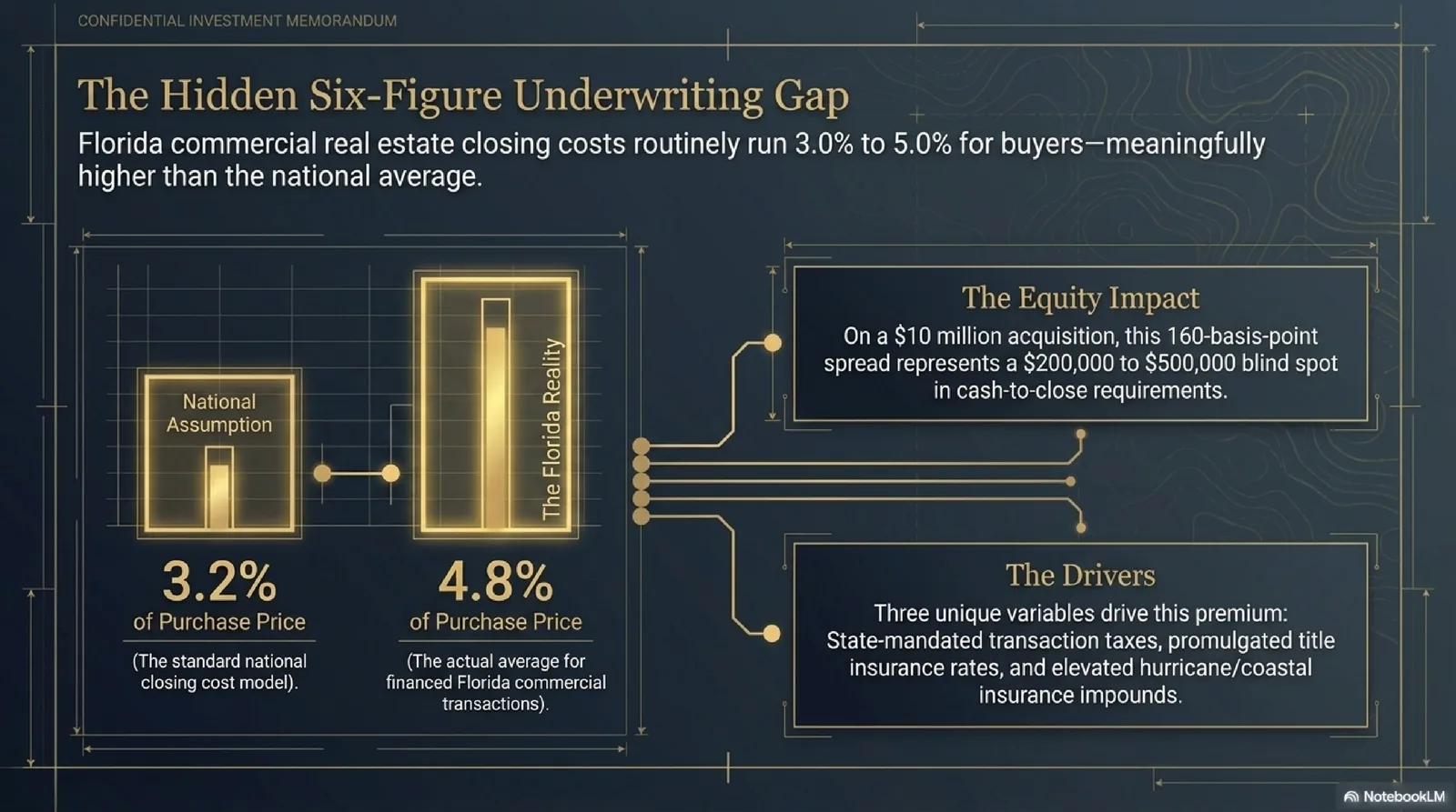 Florida Commercial Underwriting Blueprint slide 2 — introduction and scope of Florida CRE closing cost framework.