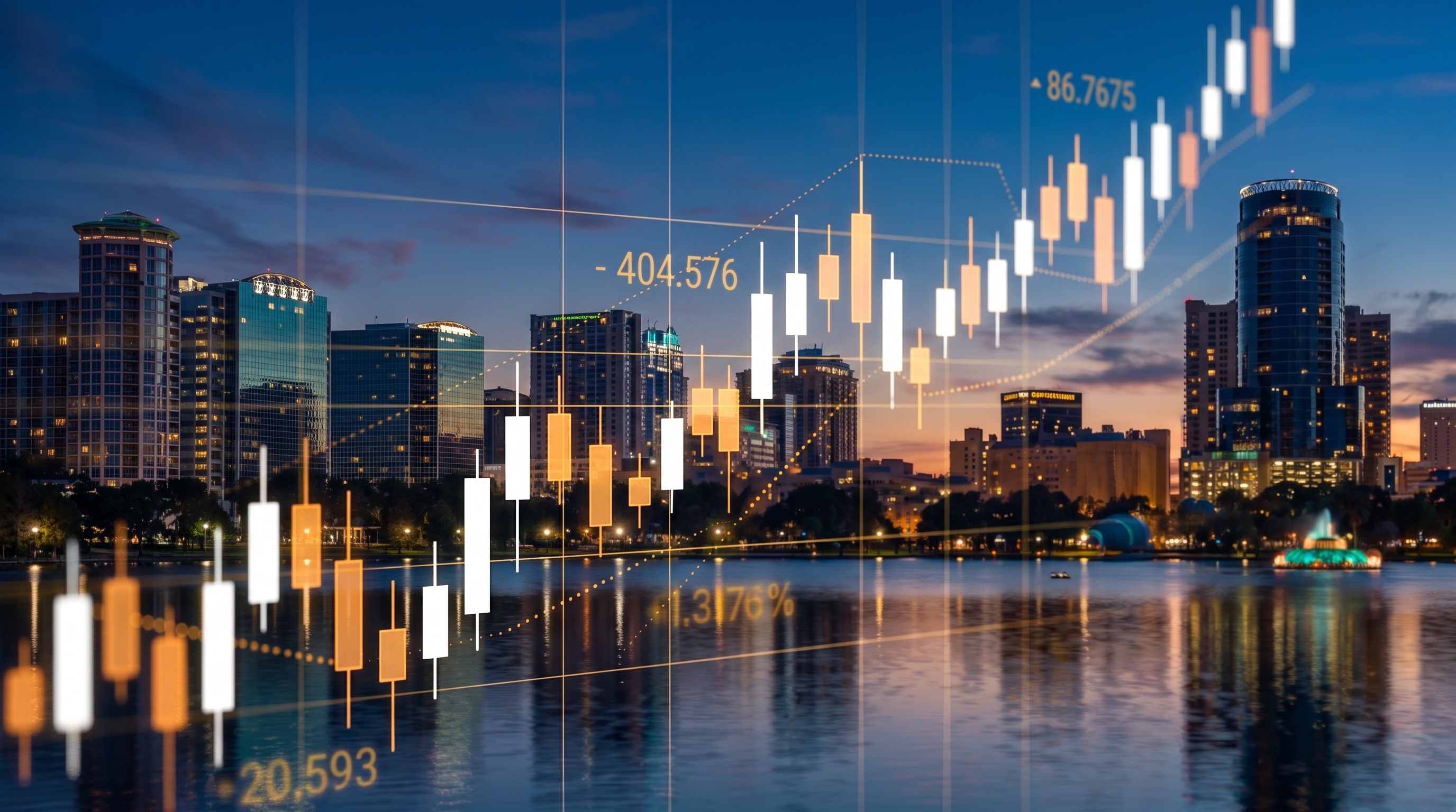 Downtown Orlando skyline over Lake Eola with a candlestick chart overlay